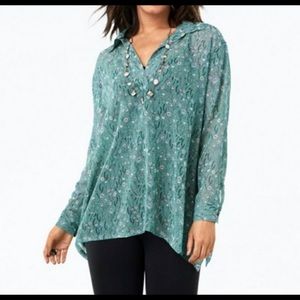 CAbi #3761 Chase Blouse Long Sleeve Sheer Green Flower Print blouse size small